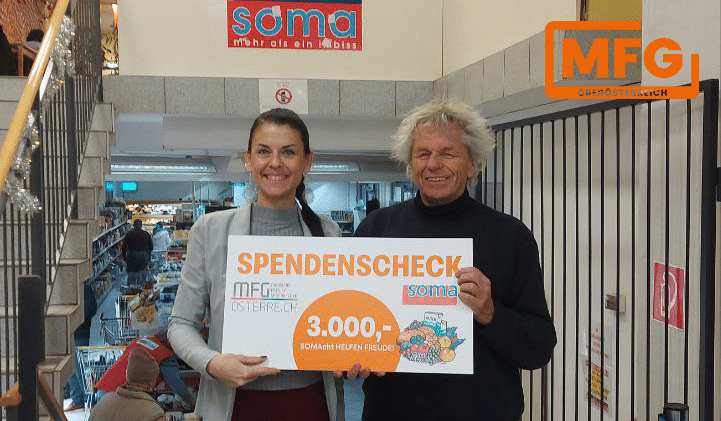 MFG Oberösterreich übergibt 3.000 Euro an den SOMA Sozialmarkt Linz – gelebte Hilfe braucht mehr Hände